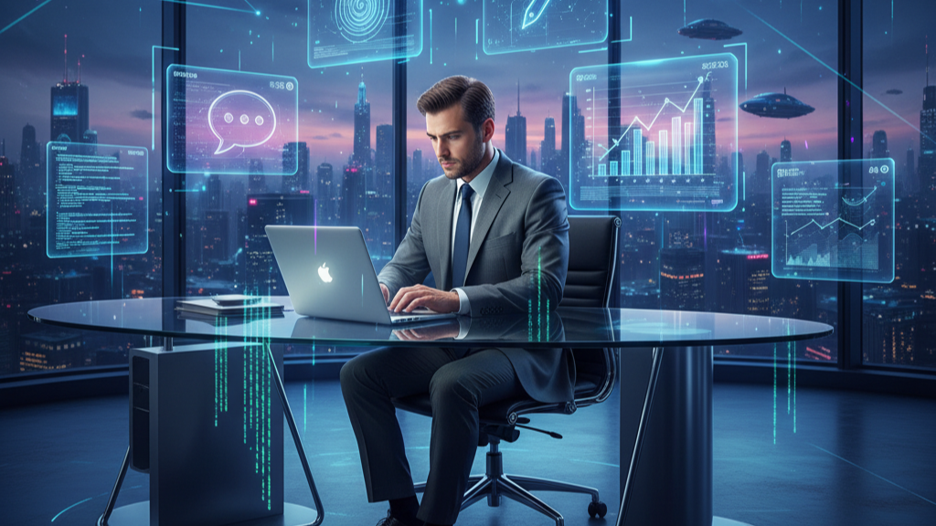 Futuristic business concept showing a professional using AI-powered tools like chatbots, SEO analytics, design, and coding for growth in 2025.